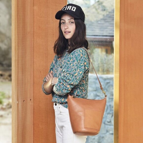 Clare V Jeanne Dark Brown Suede Black Leather Bucket Bag - Picture 2 of 9